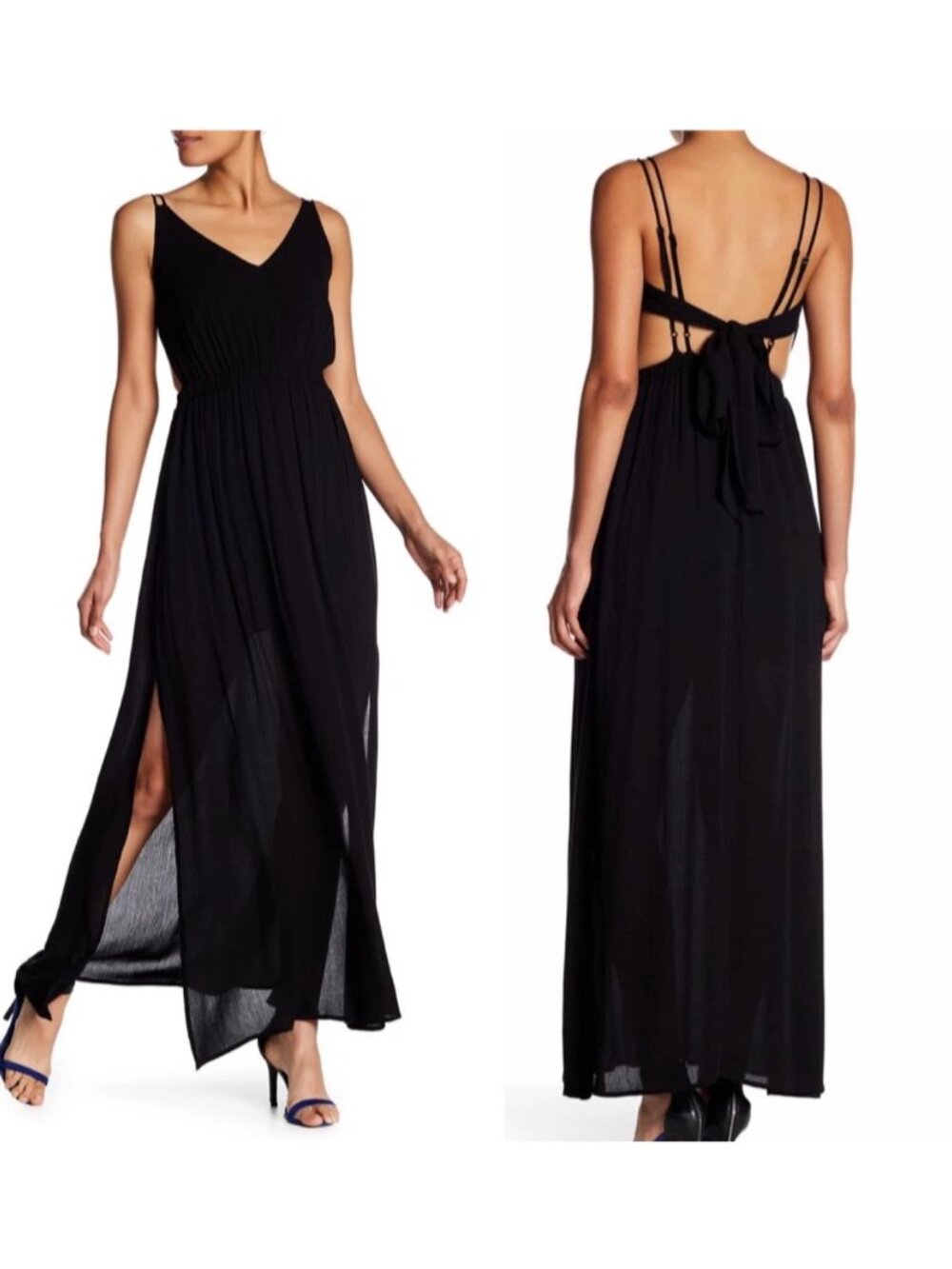 Rokoko Black Strappy Flowy Sleeveless Maxi Dress Sexy Side Slits Open Back LBD S